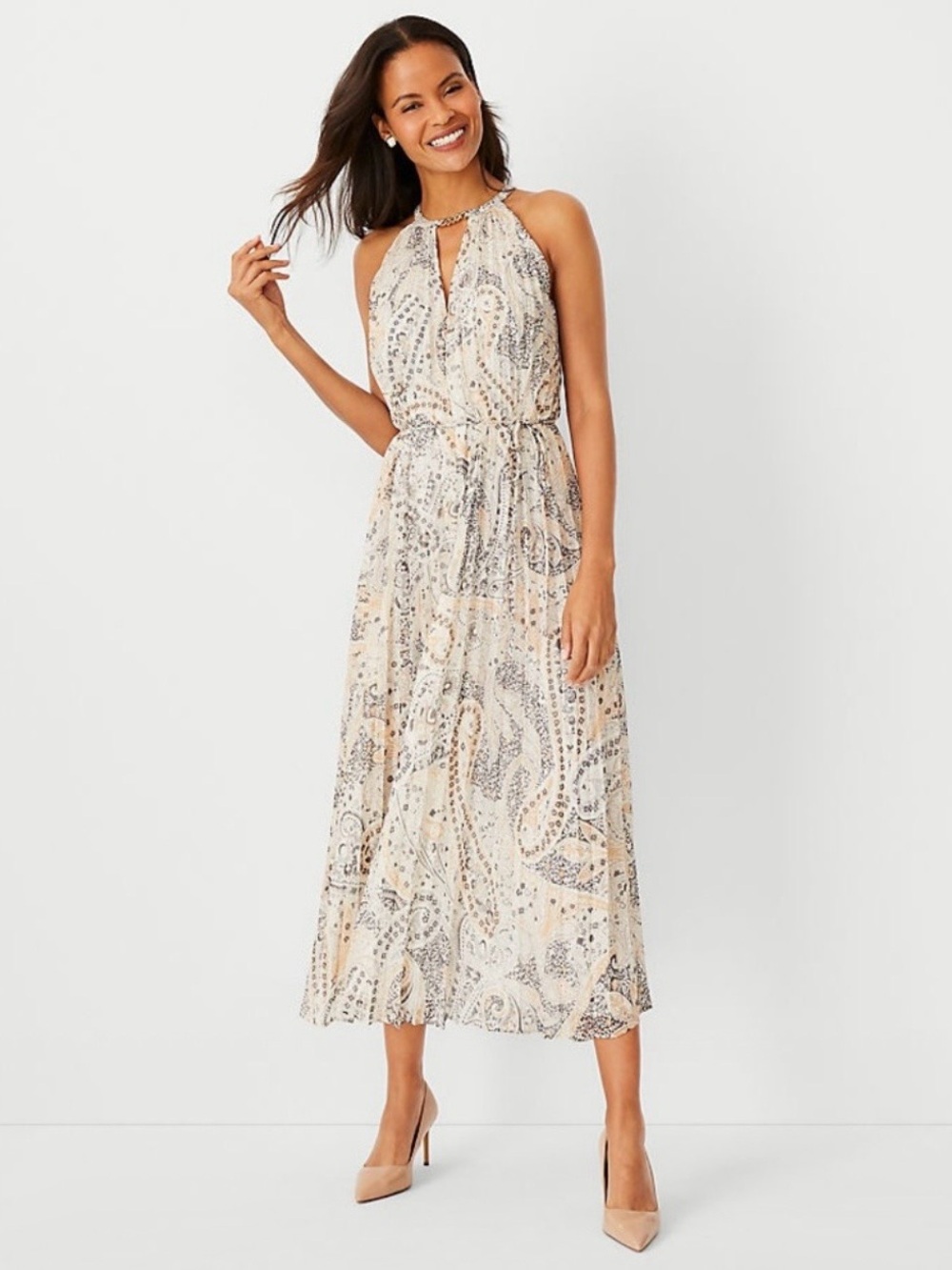 Chiffon Maxi Dress with Pleats and Paisley Print by Ann Taylor - Size S